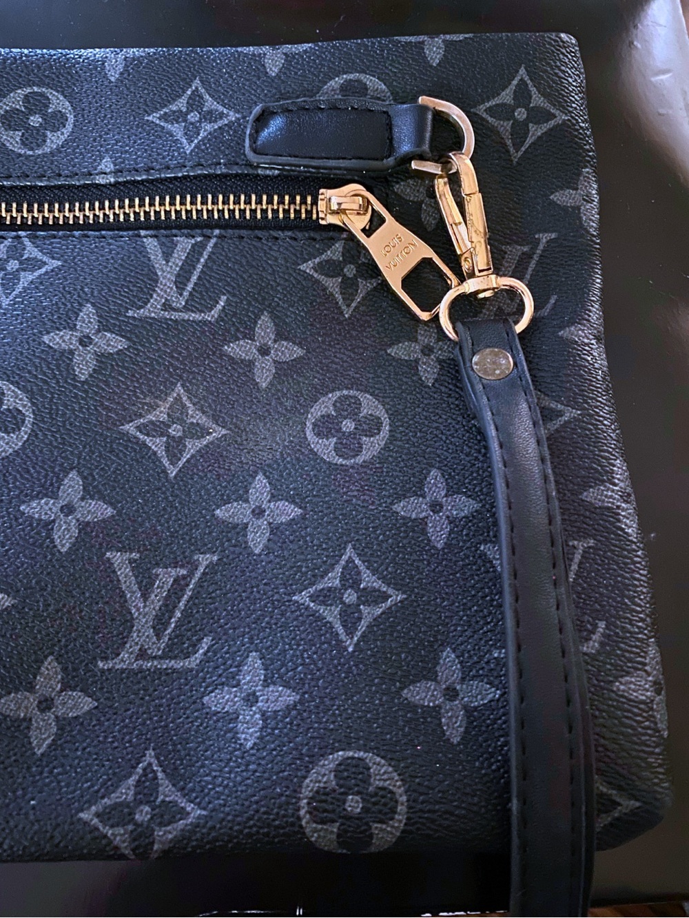 Louis Vuitton Black Monogram Canvas Wristlet with Gold Hardware